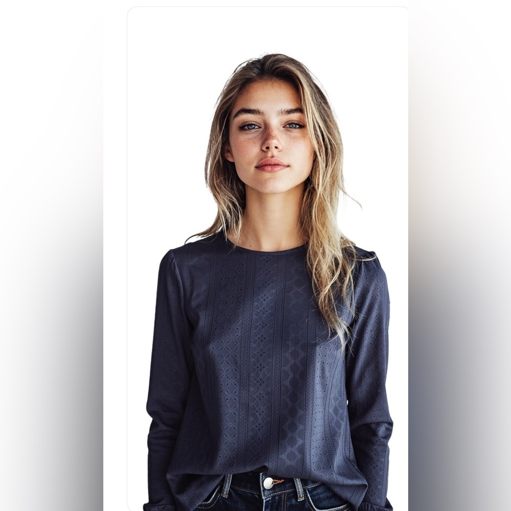 nwt- Elegant Navy Blue Eyelet Top
Classic Long Sleeve Casual Office Blouse